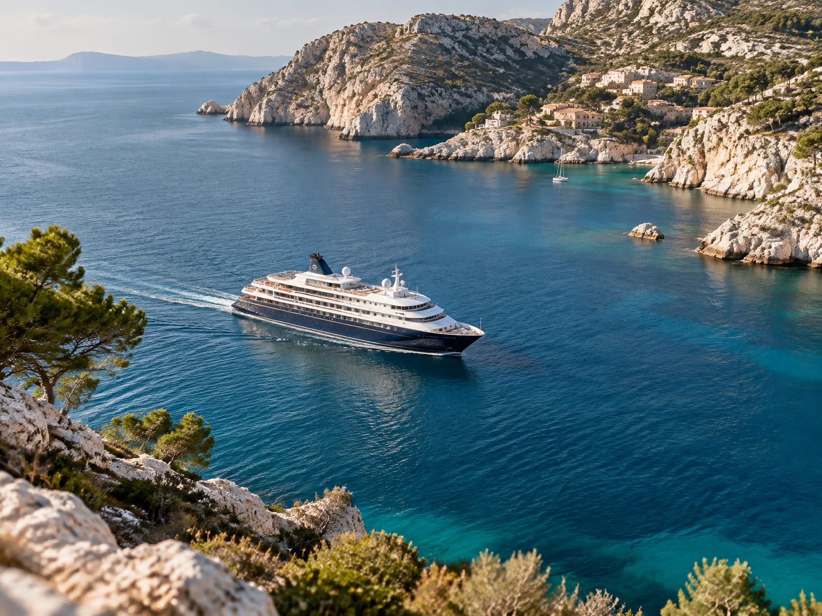 Navire de croisière dans une baie méditerranéenne